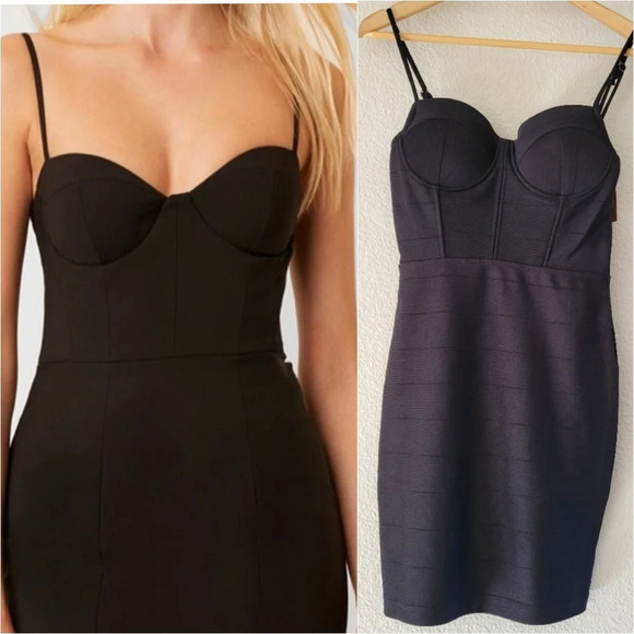 NWT HAUTE MONDE Solid Black Bandage Bodycon Speghetti Strap Mini Dress - Picture 1 of 10
